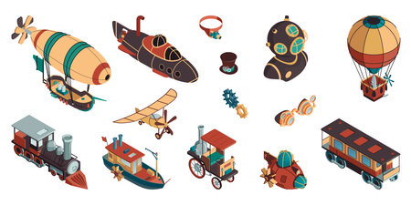 Steampunk cartoon color set of aerostat airplane submarine steam locomotive isometric icons isolated vector illustrationのイラスト素材