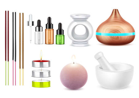 Aromatherapy set with realistic bottles of essential oil burning candles mortar aroma lamp burner and colorful joss sticks isolated vector illustrationのイラスト素材