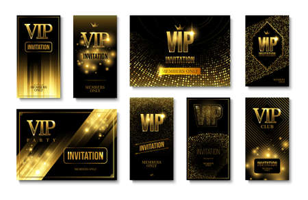 Realistic set with black and golden club party invitation design only for vip members isolated vector illustrationのイラスト素材