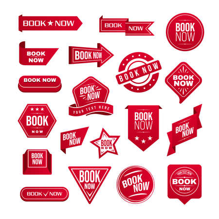 Book now set with buttons stamps ribbons and badges in red color isolated against white background vector illustrationのイラスト素材