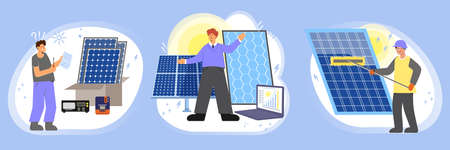 Solar energy set of three flat compositions with workers characters unboxing installing and cleaning photovoltaic panels vector illustrationのイラスト素材