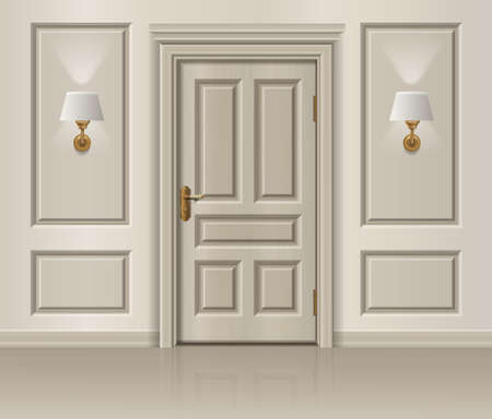 Door realistic composition with view of ornate wall with lamps and grey door with golden handle vector illustrationのイラスト素材