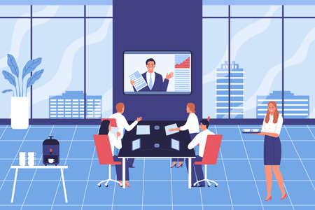 Business online meeting composition with office indoor interior and coworkers at table with conference screen broadcast vector illustrationのイラスト素材