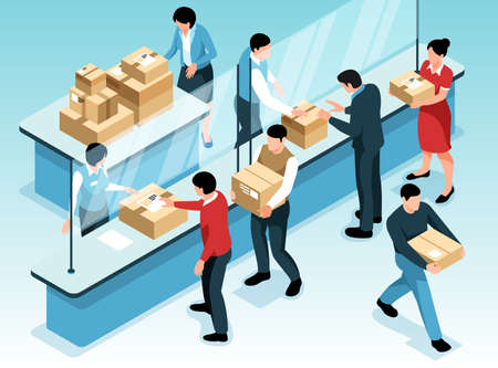 Post office horizontal background with working employees distributing parcels to incoming recipients isometric vector illustrationのイラスト素材