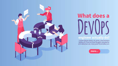 Devops engineer horizontal banner with team of specialists working at table in shape of infinity...