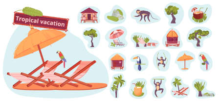 Tropical vacation flat icons set of beach equipment for sunbathing exotic animals and plants vector illustrationのイラスト素材