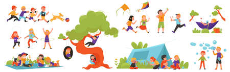 Summer children playing activity color icon set children play with a dog kite read books climb trees relax and have fun vector illustrationのイラスト素材