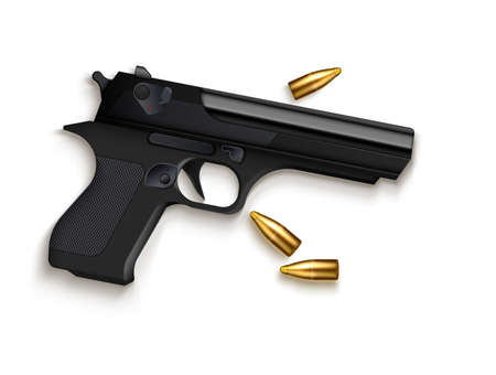 Pistol gun and cartridges realistic composition with isolated images of service weapon and few...