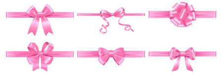 Pink shiny satin ribbons with bows realistic set isolated on white background vector illustrationのイラスト素材
