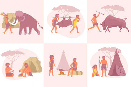 Primitive composition set with flat square compositions of ancient human characters with tent and mammoth hunt vector illustrationのイラスト素材