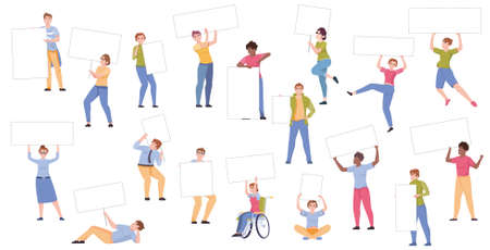 People in casual clothes men women disabled person holding blank banners flat set isolated vector illustrationのイラスト素材