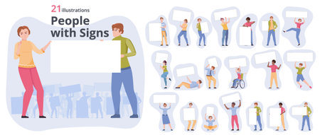 Composition set with people activists holding blank signs banners placards isolated on white background flat vector illustrationのイラスト素材