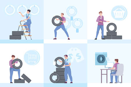 Auto service six square compositions set of technicians do testing and repairing car tires flat vector illustrationのイラスト素材