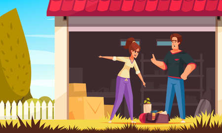 Conflicting people composition with outdoor scenery and character of angry woman turning out man from garage vector illustrationのイラスト素材