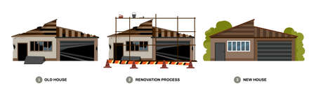 Reconstruction building composition with set of images with same house at different stages of renovation cycle vector illustrationのイラスト素材