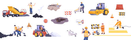 Road repair flat icon set workers in special uniforms machines and barriers for work vector...