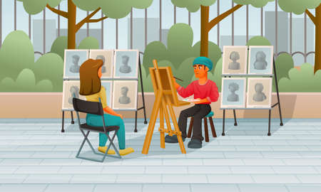 Street performer artist musician dancer cartoon composition with public park scenery and painter drawing womans portrait vector illustrationのイラスト素材