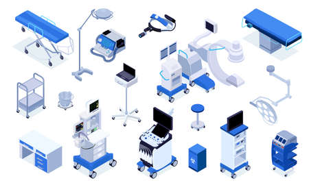 Medical operating room equipment furniture devices isometric set with patient monitoring system surgical table lights vector illustrationのイラスト素材