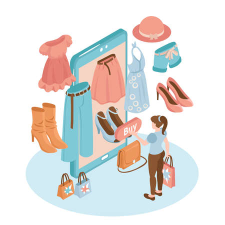 Online shopping fashion clothes isometric concept with woman buying items at web store 3d vector illustrationのイラスト素材