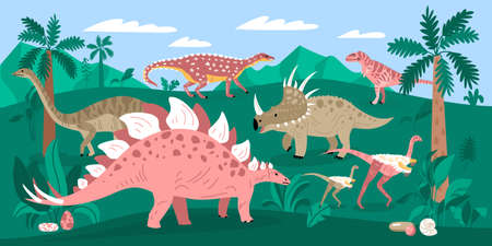 Dinosaurs composition with outdoor landscape wild jungle with palms mountains and walking reptiles of different kind vector illustrationのイラスト素材