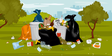 Trash garbage in park composition of outdoor scenery with cityscape and pile of waste among trees vector illustrationのイラスト素材