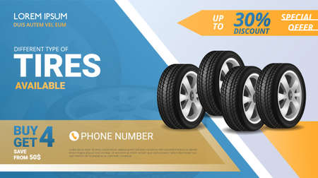 Tires available realistic horizontal colored illustration with special offer up to 30 percent...