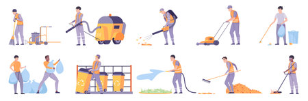 City cleaning flat set of people gathering trash and cleaning street using vacuum cleaner handle snowplow vector illustrationのイラスト素材