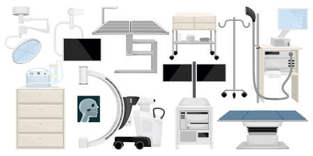 Medical operating room equipment set of lungs ventilator anesthesia machine heart rate monitoring surgical tableのイラスト素材