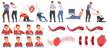 Cardiovascular diseases treatment set with heart symbols flat isolated vector illustration