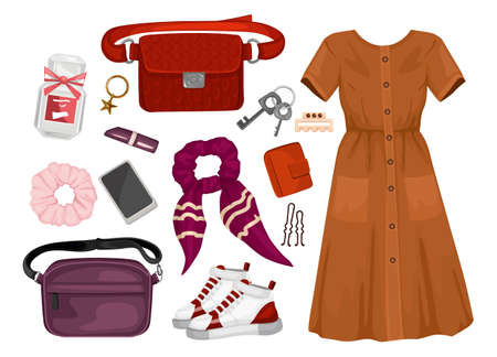Trendy clothes set with isolated icons of female dress with boots scarf waist bag and accessories vector illustrationのイラスト素材