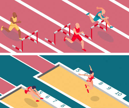 Sportsman athletics set of horizontal banners with isometric views of athletes jumping sandpit and running barriers vector illustrationのイラスト素材