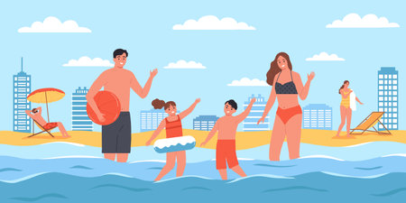 Family sea composition with outdoor coastline scenery with cityscape beach and human characters standing in water vector illustrationのイラスト素材