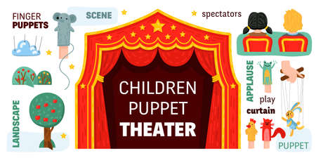 Children puppet theater infographics with isolated icons of puppets elements of stage decorations curtains and text vector illustrationのイラスト素材