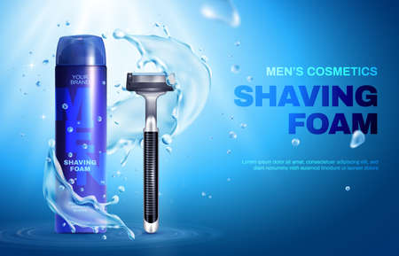 Men consmetics poster with realistic shaving foam pack and razor blade vector illustrationのイラスト素材