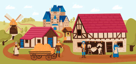 Medieval composition with outdoor summer landscape with mill buildings characters of peasants and castle on hill vector illustrationのイラスト素材
