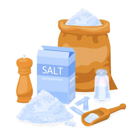 Sea salt flat composition with view of sack and paper packs of salt on blank background vector illustrationのイラスト素材