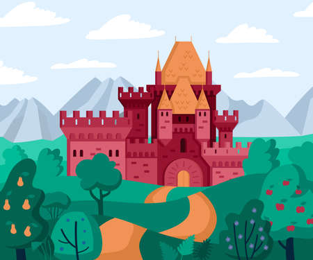 Kingdom castle composition with outdoor cartoon style landscape with mountains fruit trees and palace on hills vector illustrationのイラスト素材