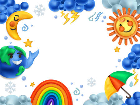 Plasticine weather cartoon frame consisting from moon sun rainbow cloud star images realistic vector...