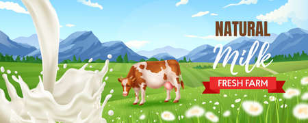 Fresh natural farm milk realistic horizontal poster with milky splashes and cow on green meadow vector illustrationのイラスト素材
