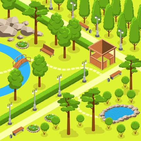 Isometric park landscape composition green woods and green lawn in landscaped park with gazebos and walking paths vector illustrationのイラスト素材
