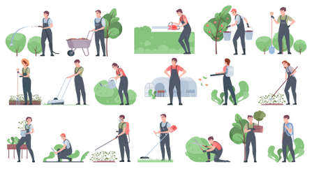 Garden tools and people icon set with flat isolated human characters of gardeners performing different works vector illustrationのイラスト素材