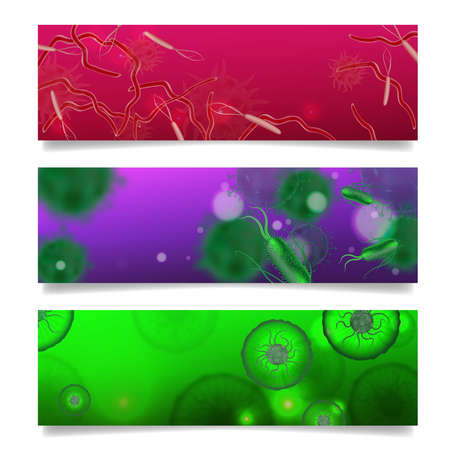 Bacteria shapes set of three horizontal banners with artwork and realistic images of colorful microbes microorganisms vector illustrationのイラスト素材