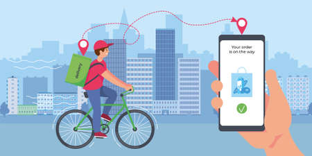 Delivery courier service flat composition with cityscape and delivery boy riding bike with smartphone tracking app vector illustrationのイラスト素材