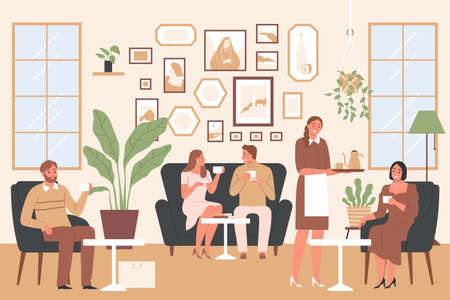 Cozy coffee shop interior with waitress and happy people with cups flat vector illustrationのイラスト素材