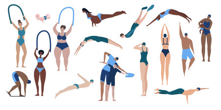 Flat set of icons with people swimming diving and training in pool isolated on white background...