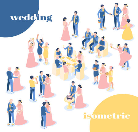 Wedding isometric icons recolor set of bride and groom in festive clothes with guests and friends on wedding ceremony isolated vector illustrationのイラスト素材