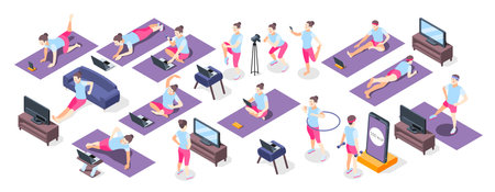 Fitness online isometric icons set of people with sport inventory doing physical exercises used TV...
