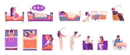 Sleep time icons set with bedtime dream and insomnia symbols flat isolated vector illustrationのイラスト素材