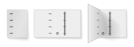 Realistic white office binder with metal rings for A4 paper sheet in 3 positions isolated vector illustrationのイラスト素材