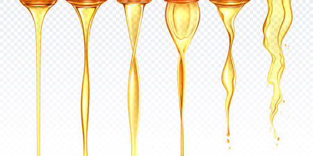 Oil flow realistic set with isolated vertical streams of yellow liquid different shapes on transparent background vector illustrationのイラスト素材